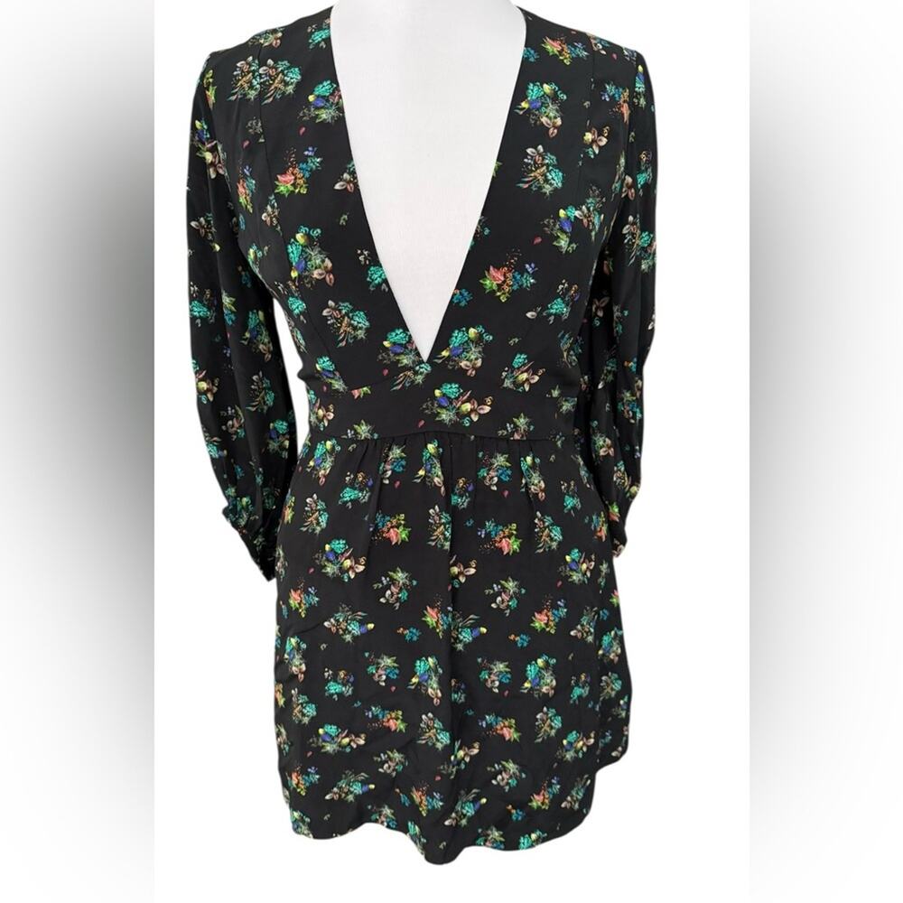 Amanda Uprichard 100% Silk Deep V Floral Mini Dress Black Puff Sleeve Small NEW